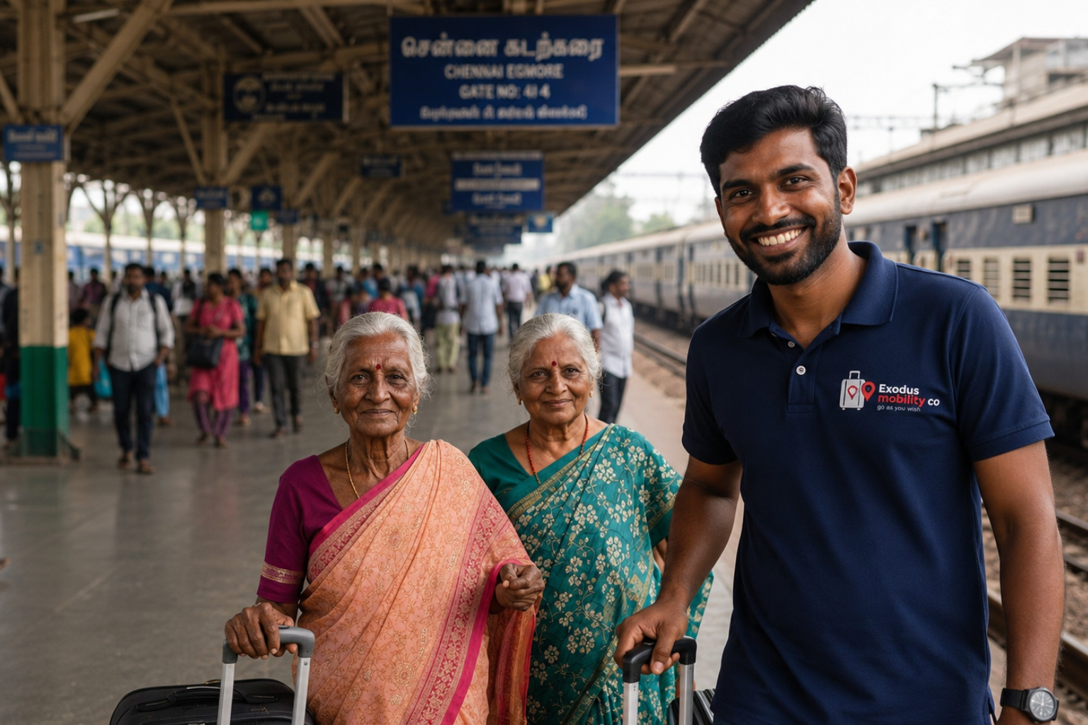 TN45 Travel Company helpers supporting elderly travelers at a Tamil Nadu railway station